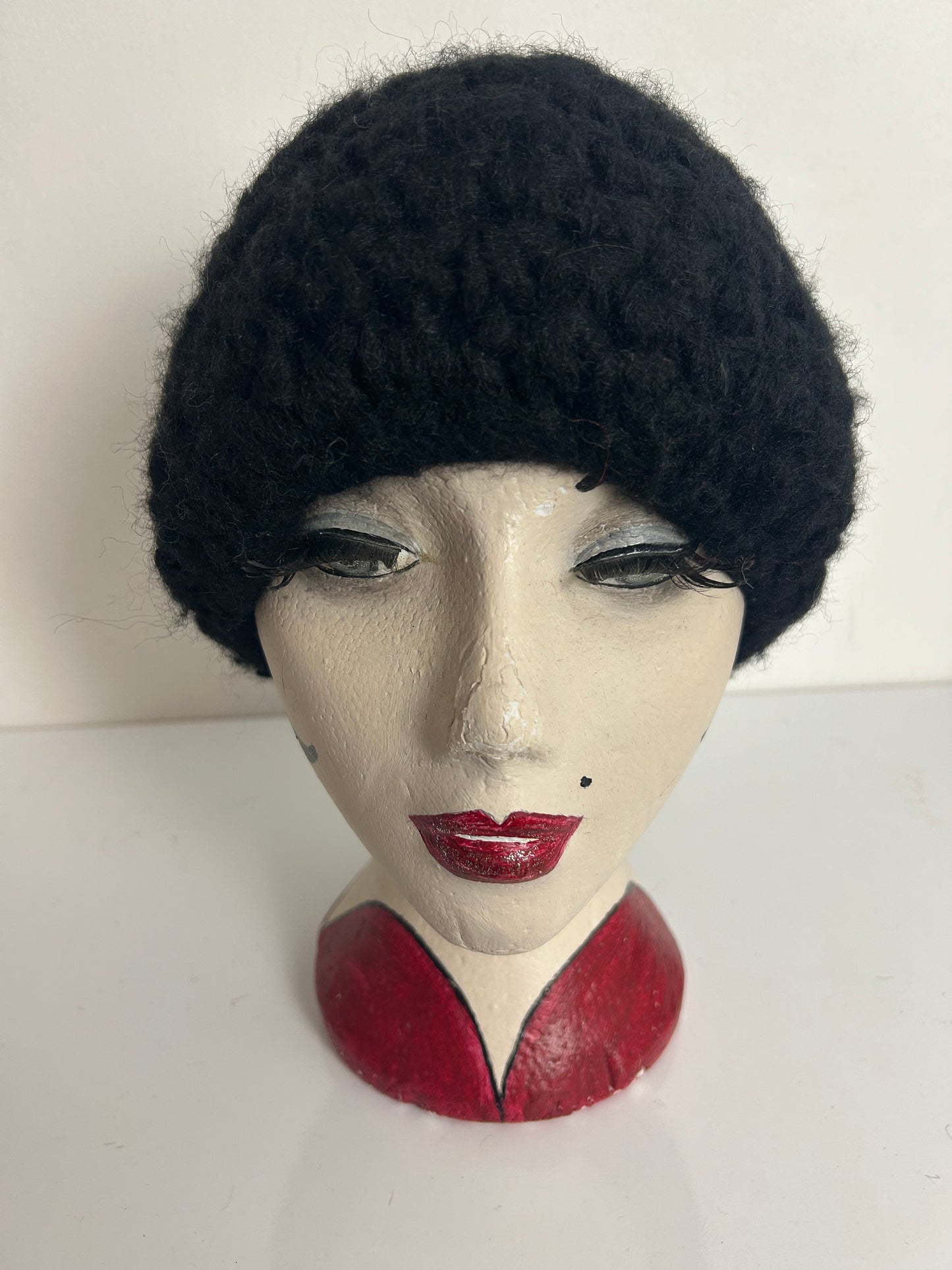 Vintage Black Chunky Knit Wool Beanie/Beret Style Hat
