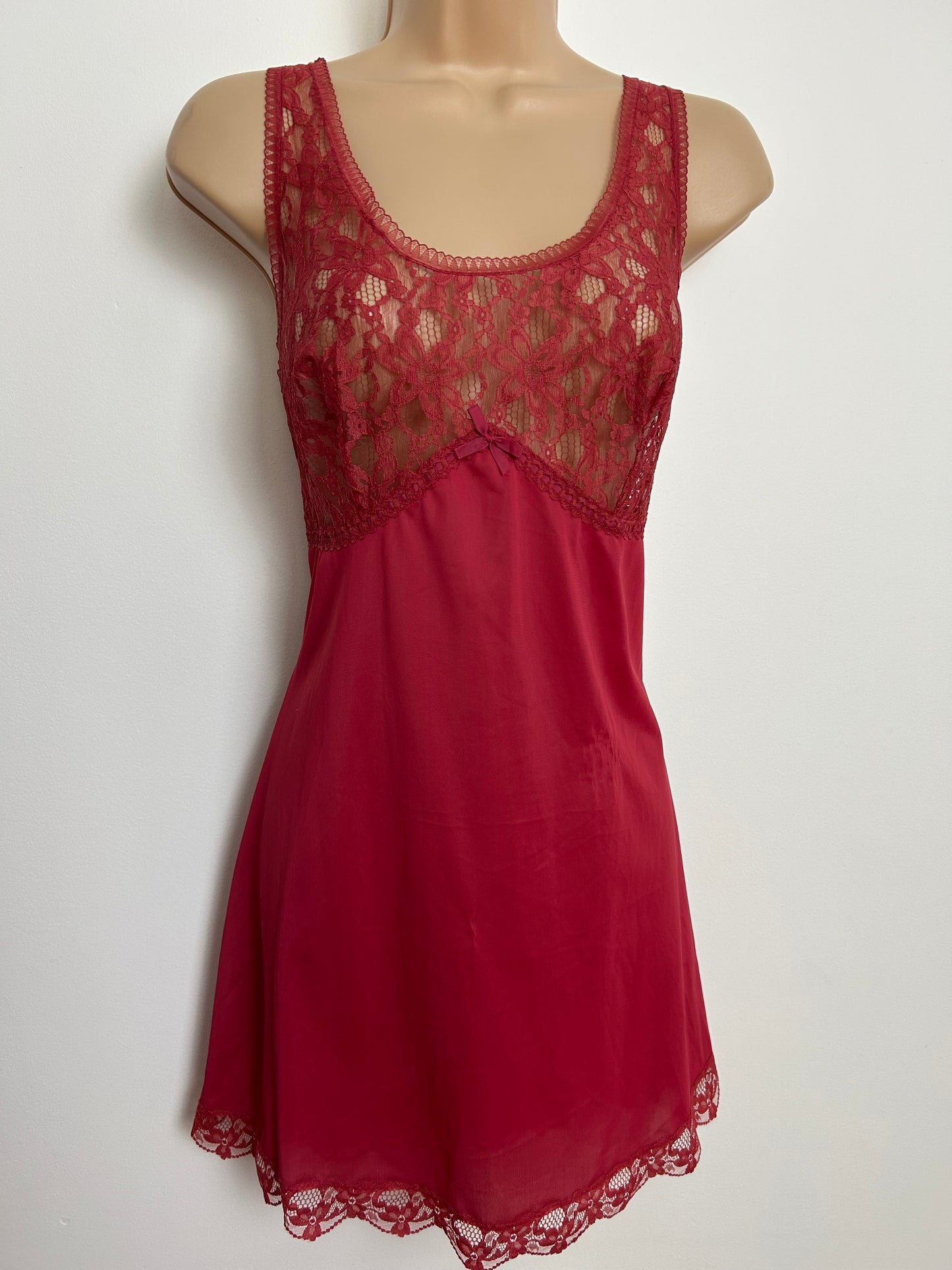 Vintage Size 10 Dark Red Lace Trim Nylon Mini Slip