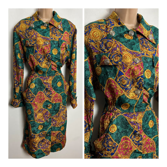 Vintage 1980s DON ELLIOT UK Size 12-14 Green Gold Purple & Red Floral & Rope Baroque Print Long Sleeve Day Dress