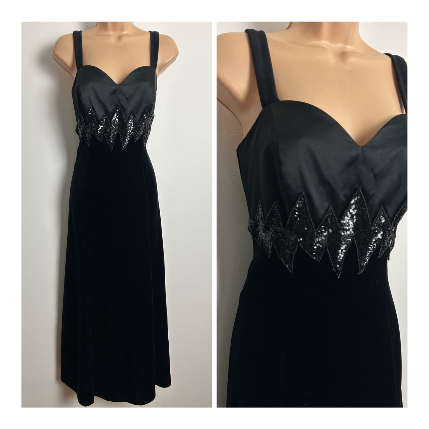 Vintage Early 1980s VERA MONT FRANCE Size 10-12 Black Velvet Sequin & Bead Embellished Occasion Evening Maxi Dress