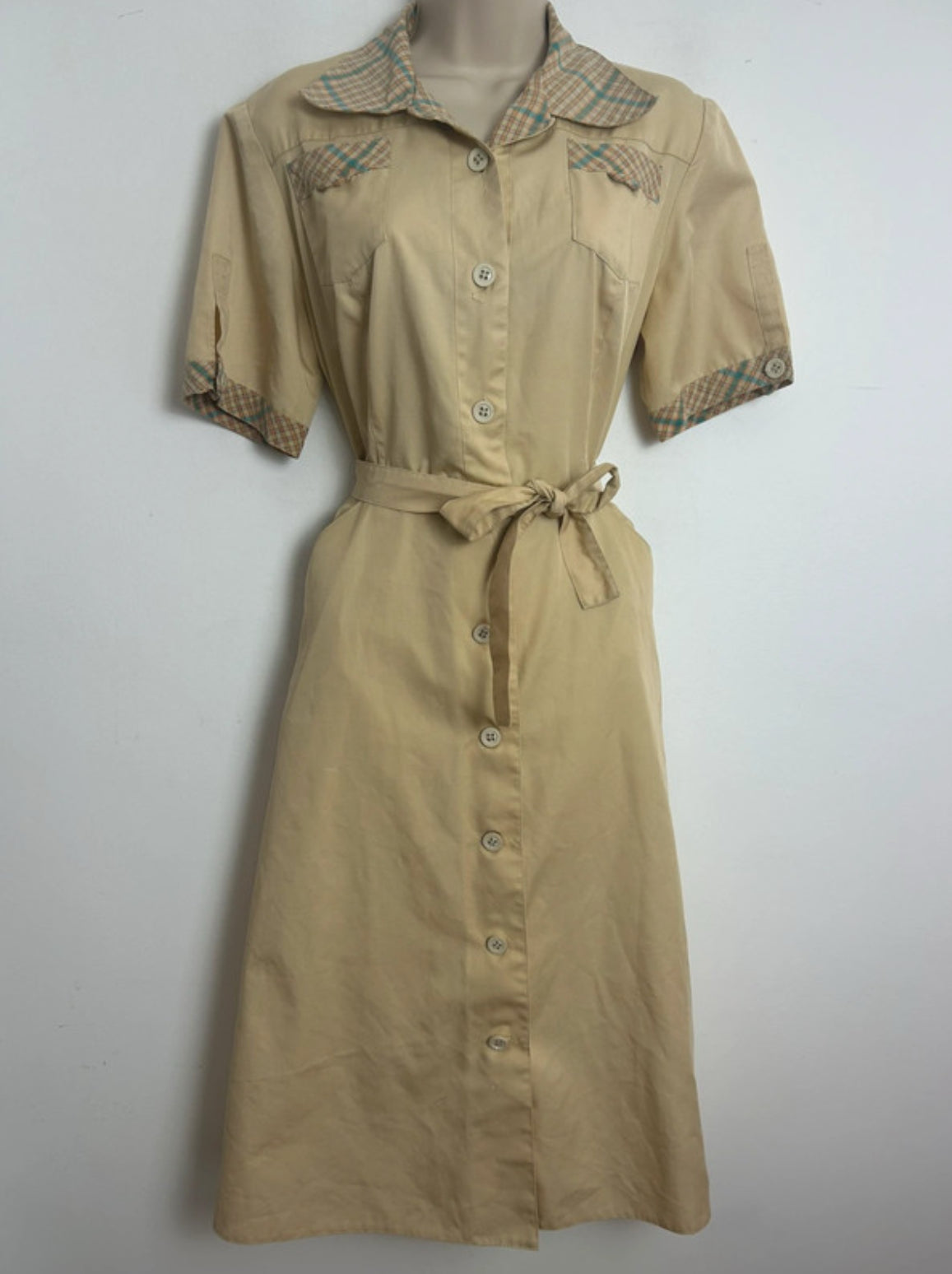 Vintage 1970s Size 12-14 Beige Contrast Check Print Cotton Mix Belted Shirt Style Day Dress