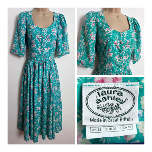 Vintage 1980s LAURA ASHLEY UK Size 8 (Size 12 On Label) Green Floral Print Cotton Tea Dress