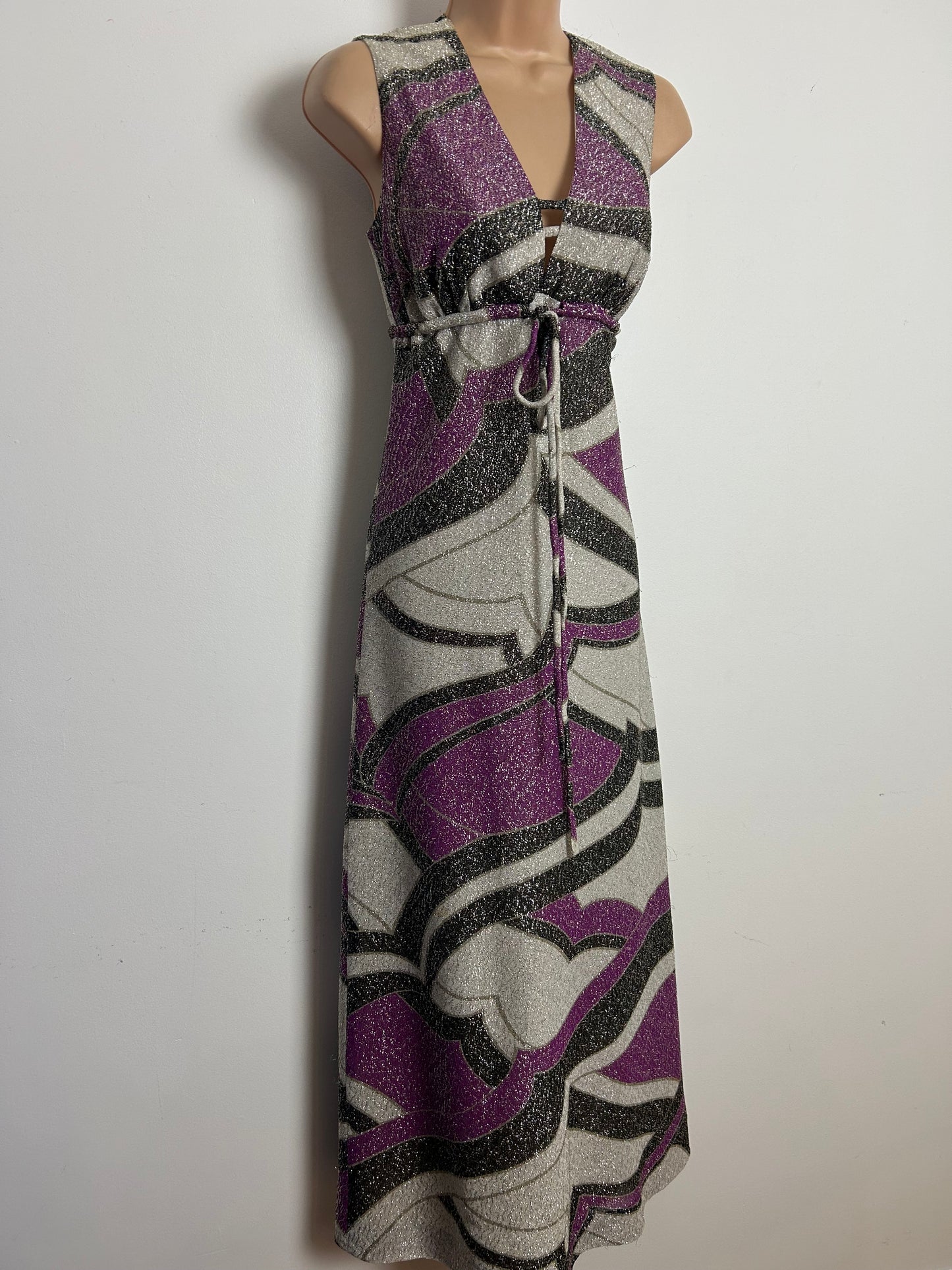 Vintage 1970s Size 6-8 Grey Silver & Purple Tones Abstract Print Lurex Occasion Evening Maxi Dress