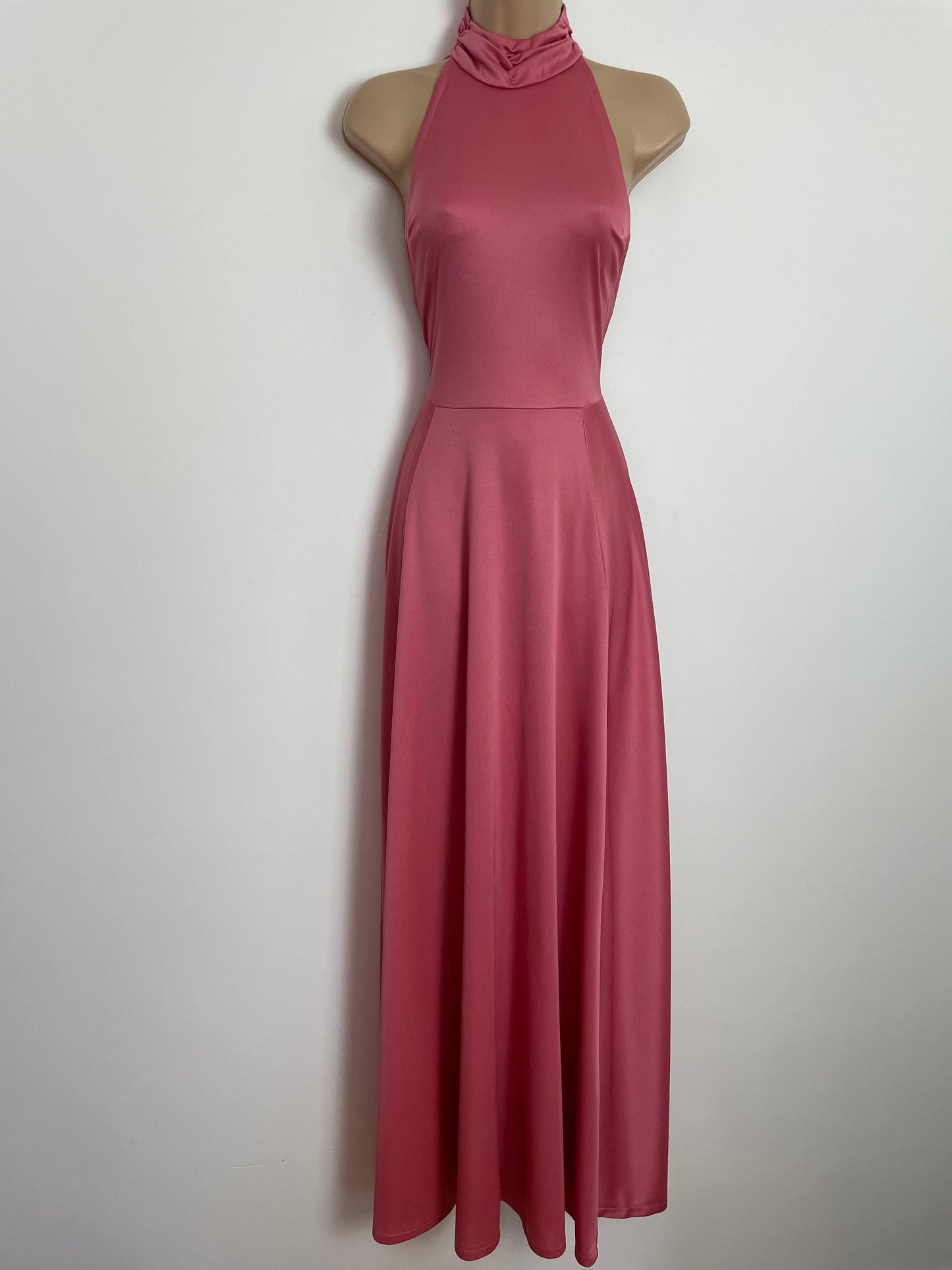 Vintage 1970s BERNSHAW UK Size 6 Dusky Pink Slinky High Neck Open Back Boho Occasion Maxi Dress