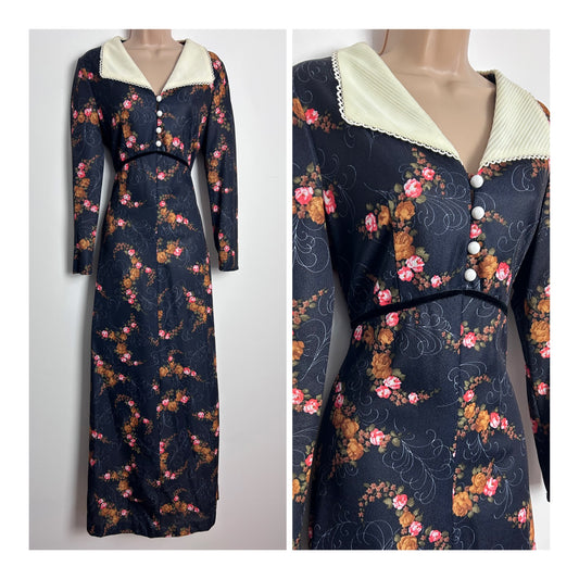 Vintage 1970s UK Size 10 Black Orange & Tan Brown Floral Print White Collared Long Sleeve Boho Maxi Dress