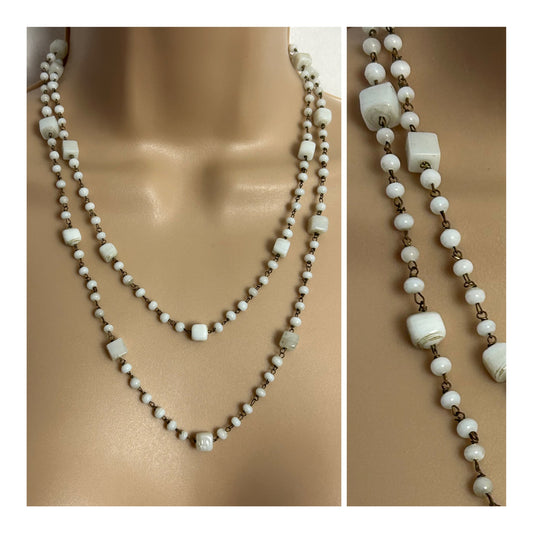 Vintage 1960s White Opaque Milk Glass One or Two Strand Necklace