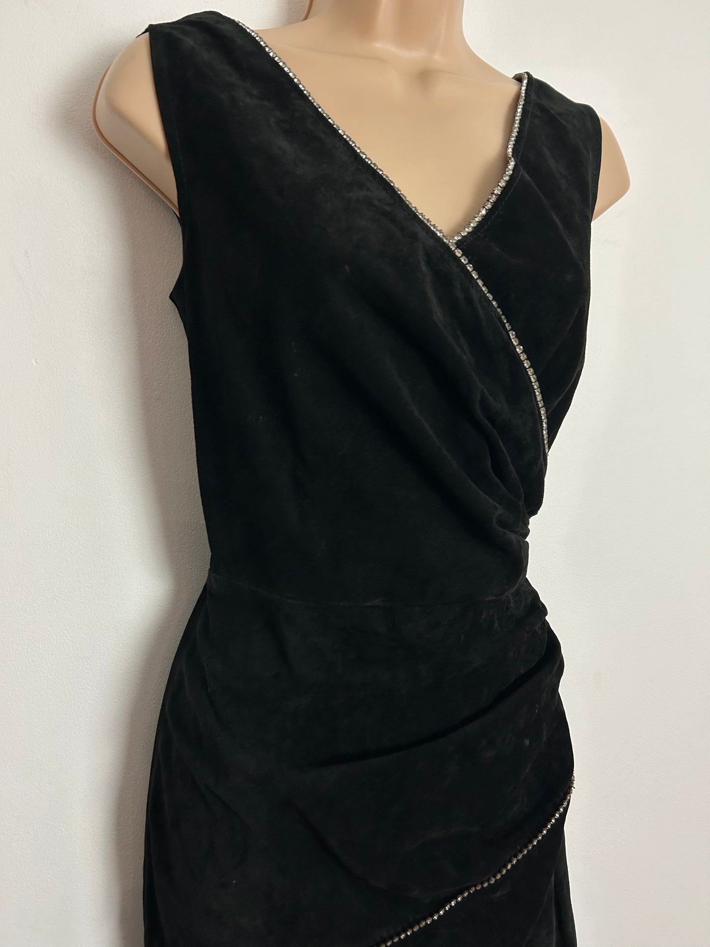 Vintage 1980s JACQUES SAC UK Size 6-8 Black Real Suede Leather Diamante Detail Fitted Cocktail Party Dress