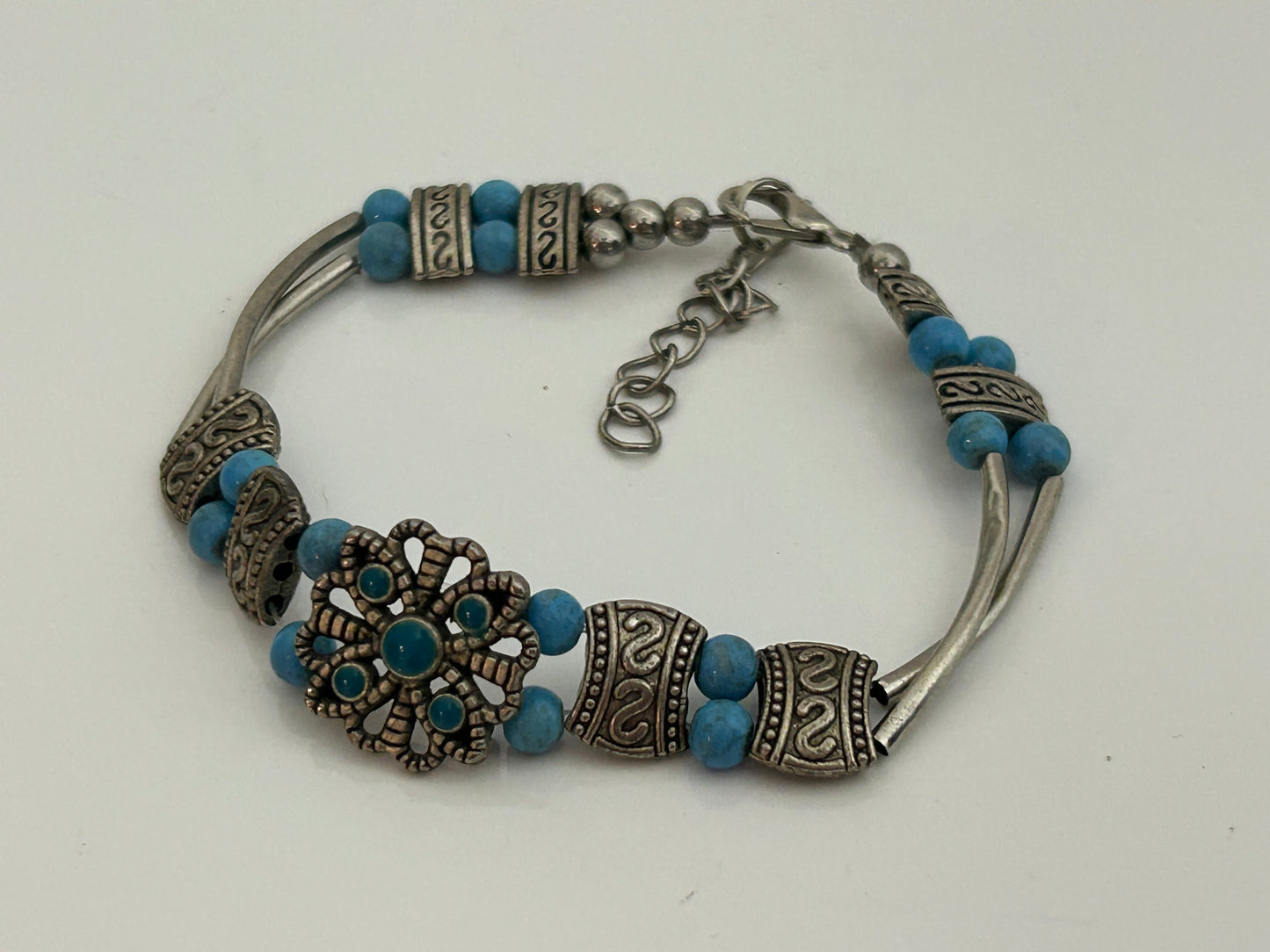 Vintage Silver Tone & Turquoise Beaded Boho Ethnic Style Bracelet