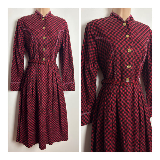 Vintage 1950s Size 12 Red & Black Check Braid Trim Long Sleeve Belted Folk Style Dress