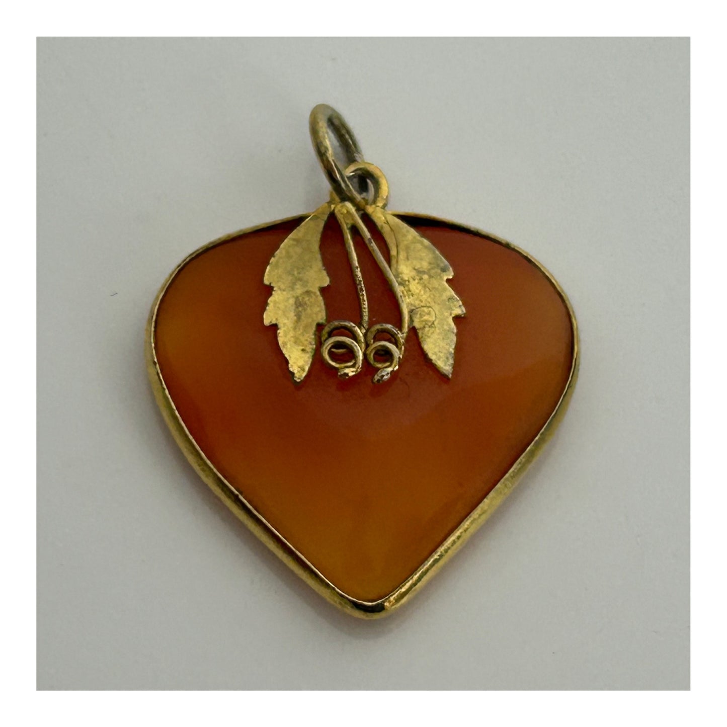 Vintage 1970s Gorgeous Amber Heart Shaped Gold Gilt Pendant