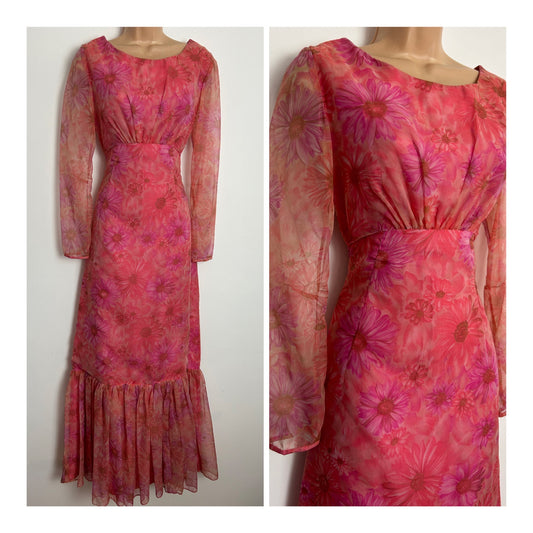 Vintage 1960s CRESTA UK Size 8-10 Beautiful Pink Tones Bold Floral Print Long Sleeve Chiffon Maxi Dress