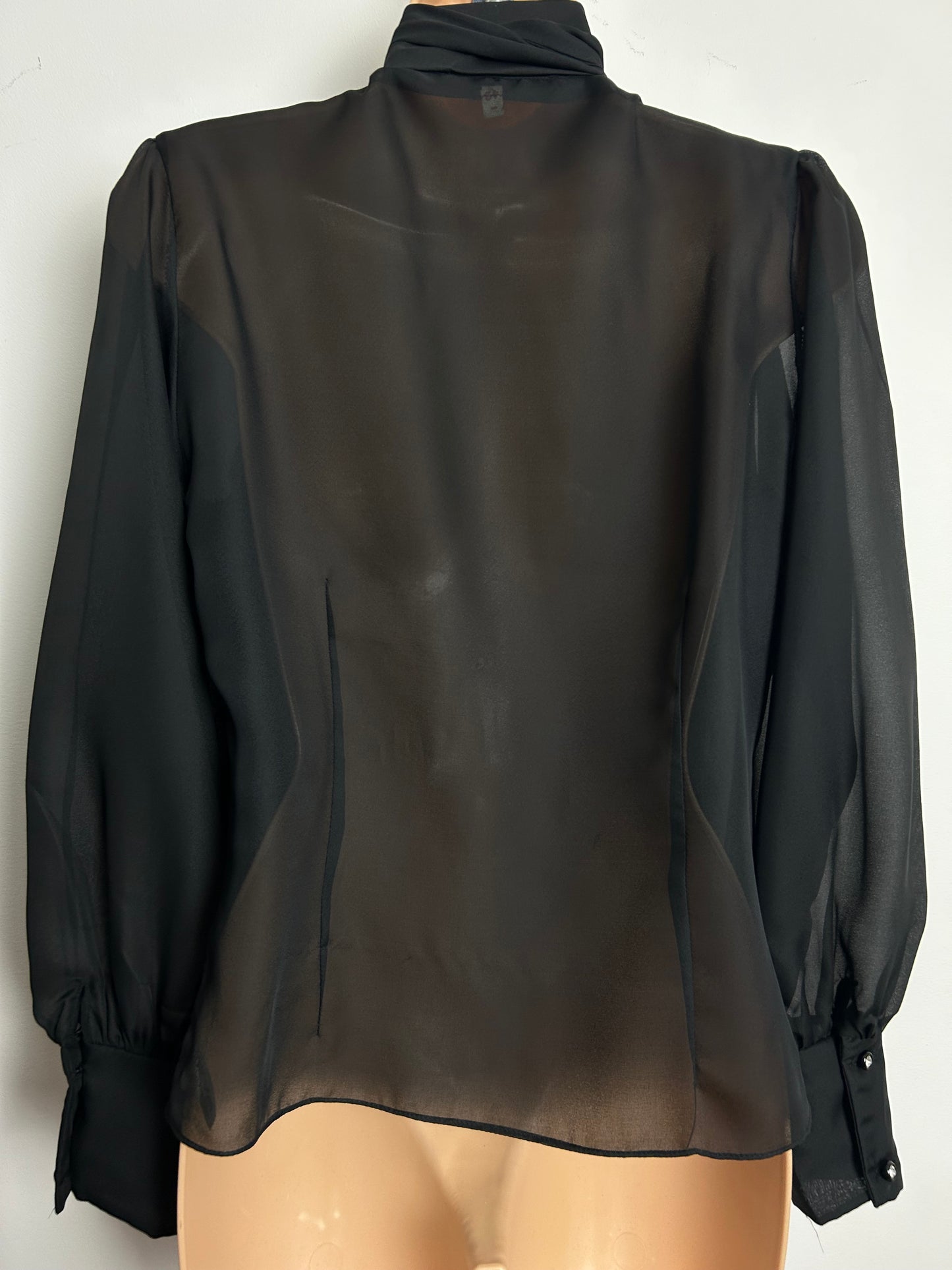 Vintage 1980s Size 12-14 Black Chiffon Semi Sheer Scarf Tie Neck Marabou Feather Trim Blouse