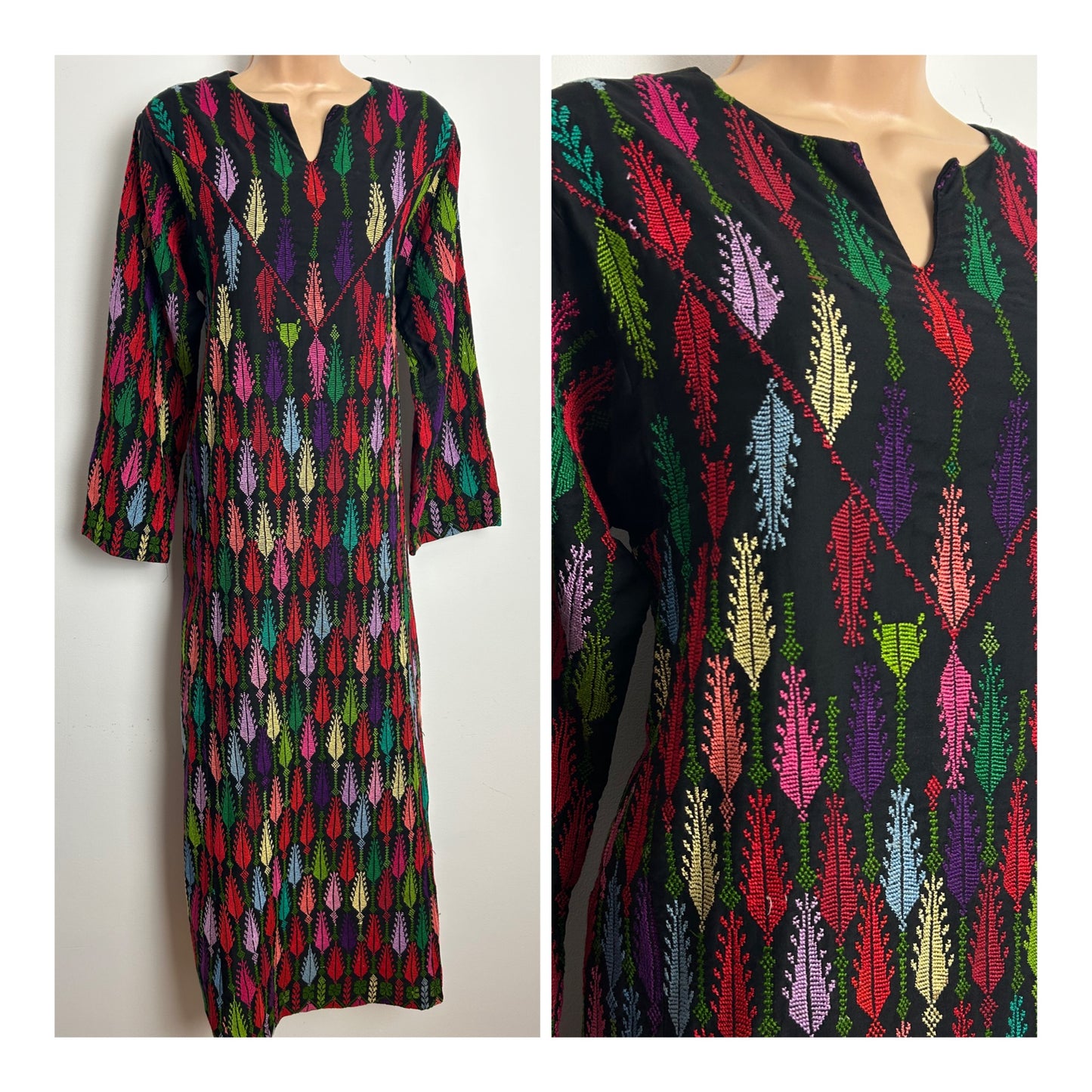 Vintage Up To Size 14 Black Red Blue Green & Yellow Cross Stitch Embroidered Long Sleeve Kaftan