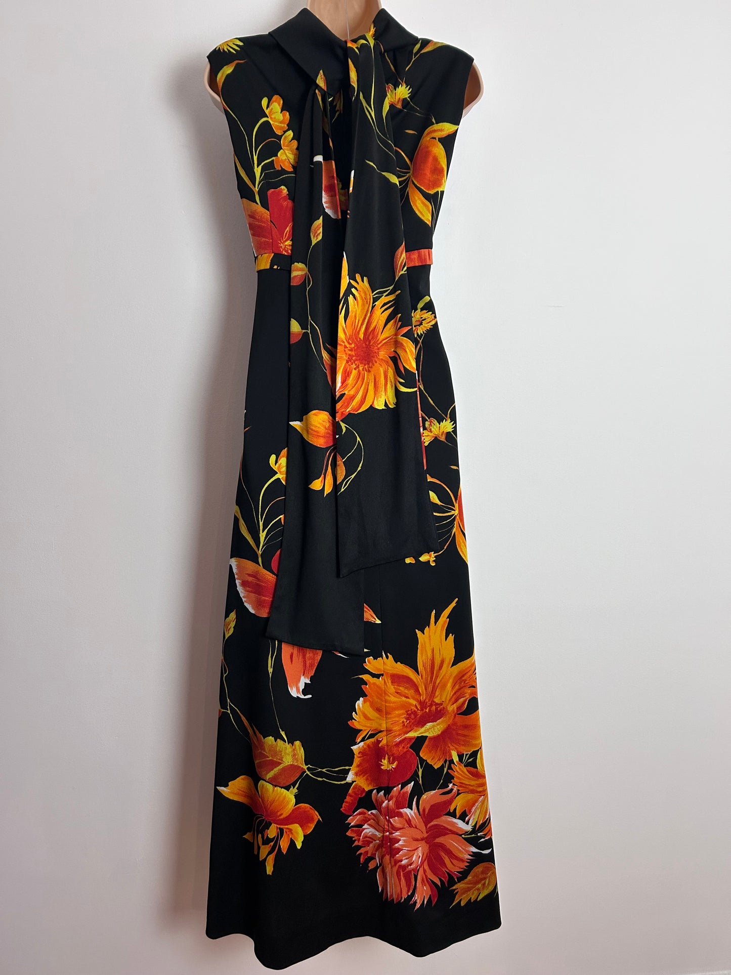 Vintage 1970s KIO UK Size 12 Gorgeous Black Orange & Yellow Tones Floral Print Scarf Back Occasion Maxi Dress