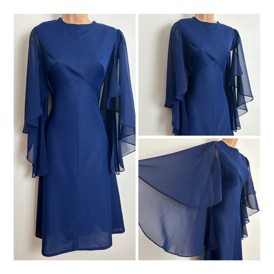Vintage 1970s Size 8-10 Navy Blue Floaty Chiffon Cape Sleeve Occasion Midi Dress