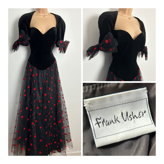 Vintage 1980s FRANK USHER Size 8 Black & Red Velvet Flock Polka Dot Net & Velvet Occasion Party Gown