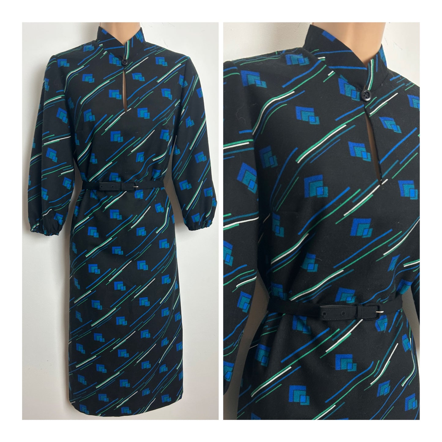 Vintage 1970s Size 12-14 Black Blue & Green Geo & Stripe Print Long Sleeve Belted Day Dress