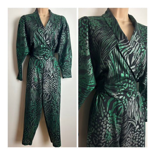 Vintage 1980s Size 10 Black & Green Iridescent Animal Print Bat Wing Wrap Bodice Jumpsuit