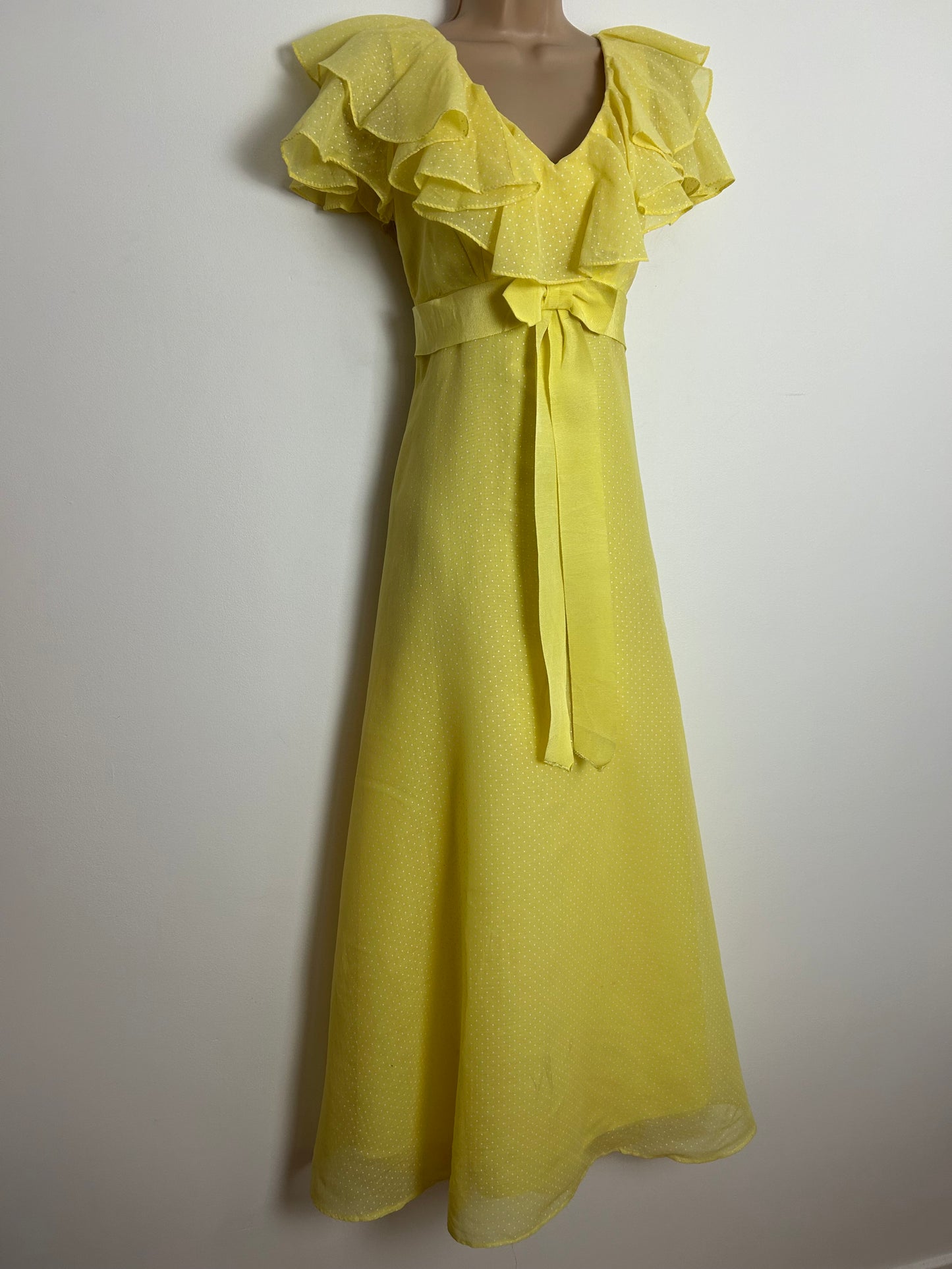 Vintage 1970s Size 6 Beautiful Lemon Polka Dot Ruffle Collar Short Sleeve Bow Detail Summer Maxi Dress