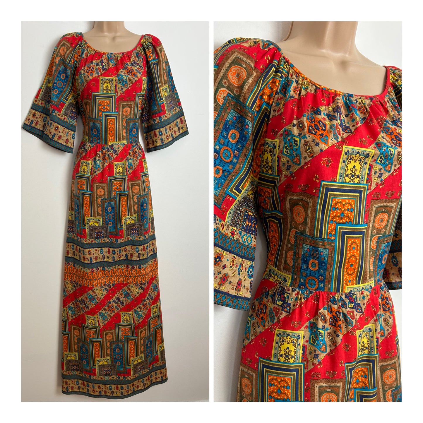 Vintage 1970s Size 8 Red Blue Beige & Orange Abstract Patchwork Type Print Cotton Short Sleeve Boho Maxi Dress