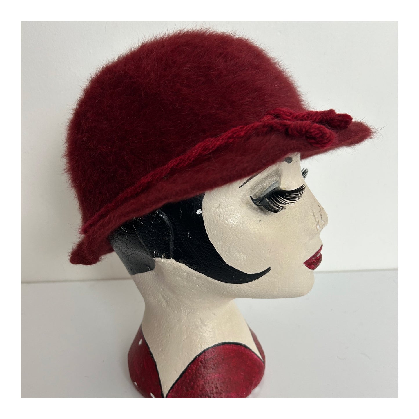 Vintage Austrian CHRISTA LEHNERT Dark Red Angora Wool Rope Trim Trilby Style Hat