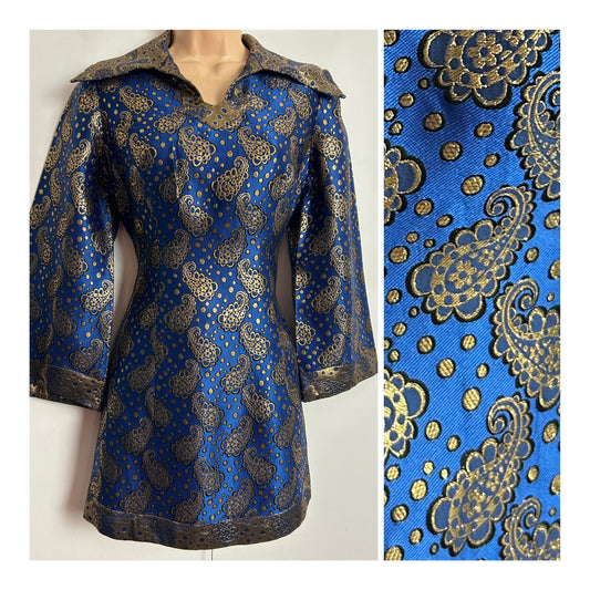Vintage 1960s UK Size 8 Dark Blue & Gold Lurex Jacquard Paisley Dagger Collar Mini Party Dress