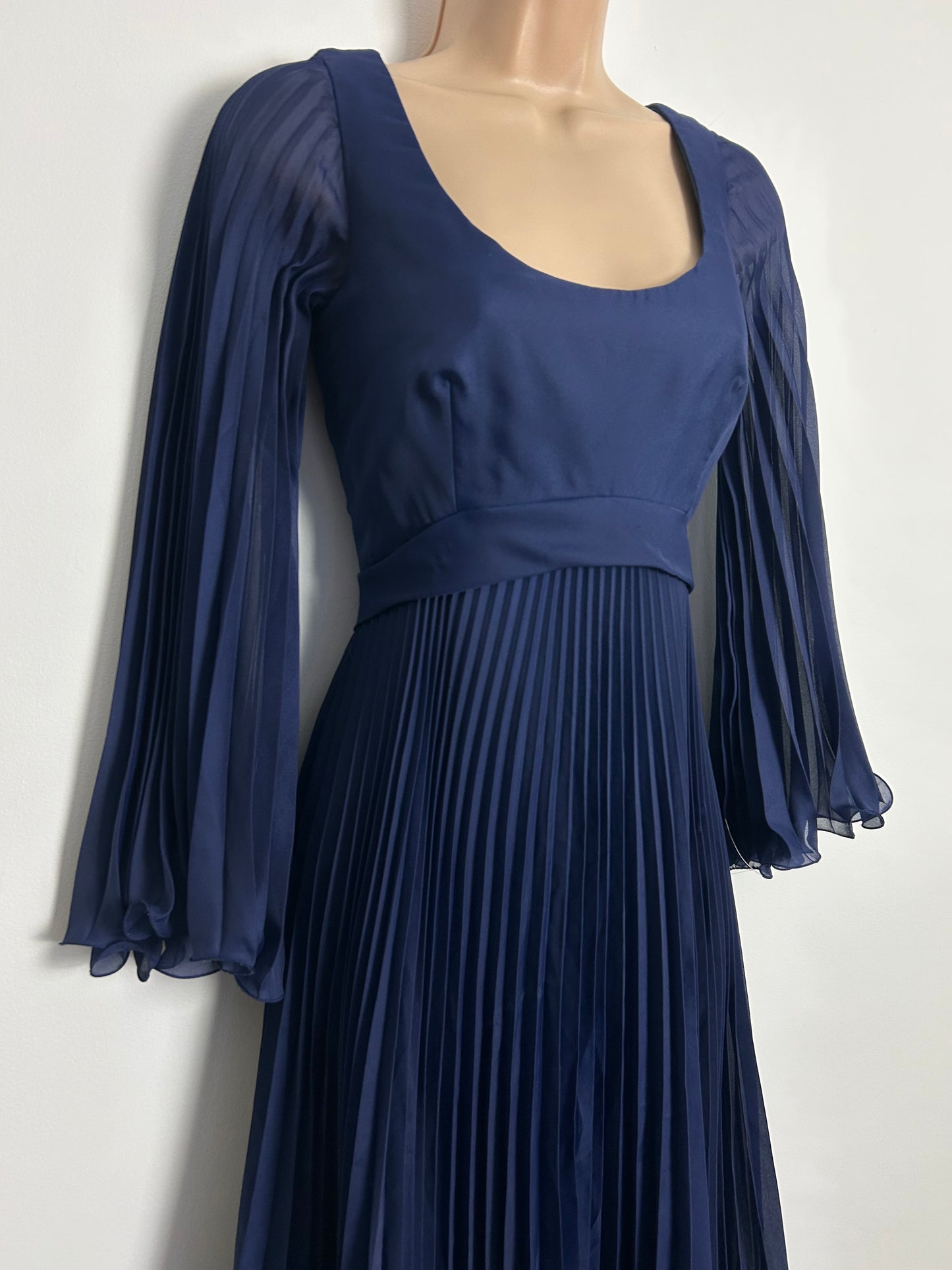 Vintage 1970s UK Size 6 Navy Blue Pleated Long Sleeve Empire Line Occasion Maxi Dress