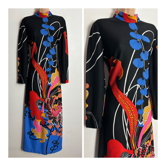 Vintage Early 1970s FIORENZA UK Size 12-14 AMAZING Black Blue Red & Yellow Bold Abstract Floral Print Long Sleeve Column Maxi Dress