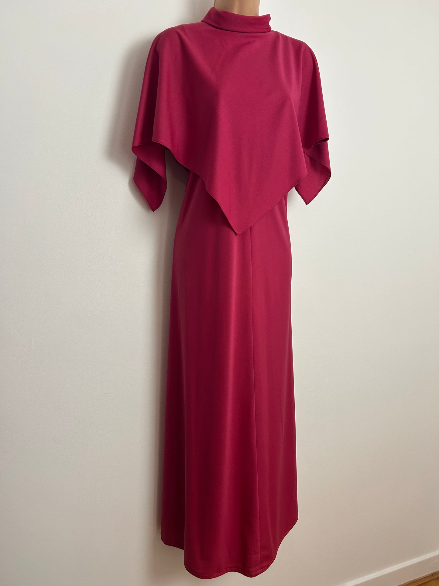 Vintage 1970s ALLDAE Size 12 Raspberry Dark Pink Cape Sleeve Double Layered Boho Maxi Dress
