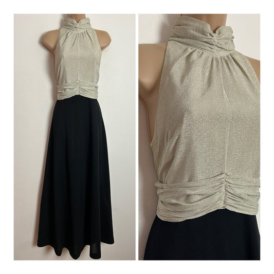 Vintage 1970s RICHARD SHOPS UK Size 8 Silver Lurex & Black Sleeveless Occasion Evening Maxi Dress