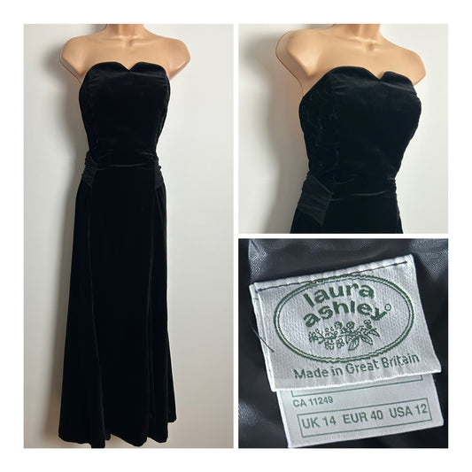 Vintage 1980s LAURA ASHLEY Size 10 Black Velvet Strapless Bones Fitted Occasion Evening Ballgown