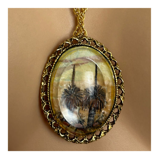 Vintage 1950s RARE Handcrafted Australian Paperbark Miniature Picture Pendant & Necklace By G. Metcalfe