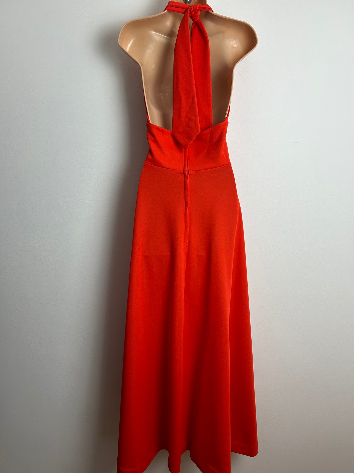 Vintage 1970s Size 6-8 Red Halter Neck Open Backed Maxi Dress
