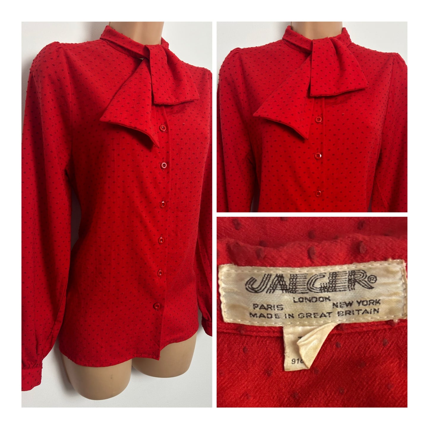 Vintage Late 1970s JAEGER (Made In England) Size 10-12 Red Swiss Dot Scarf Neck Cotton Shirt