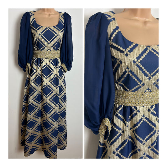 Vintage 1960s Size 6 Navy Blue & Gold Braid Trim Brocade Occasion Evening Maxi Dress