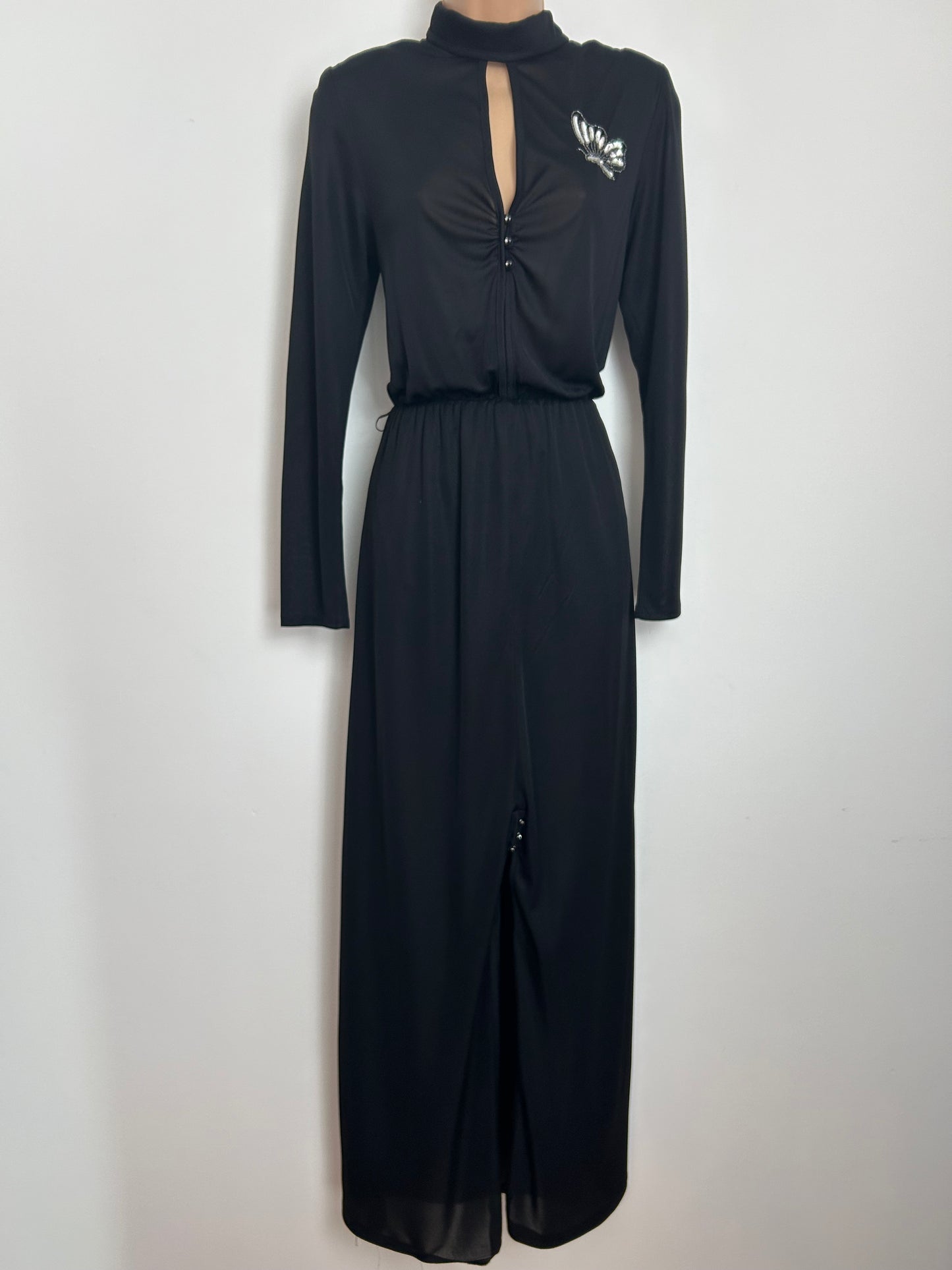 Vintage Late 1970s MARIA KROLL Size 8-10 Black Long Sleeve Silver Sequin Butterfly Detail Evening Dress
