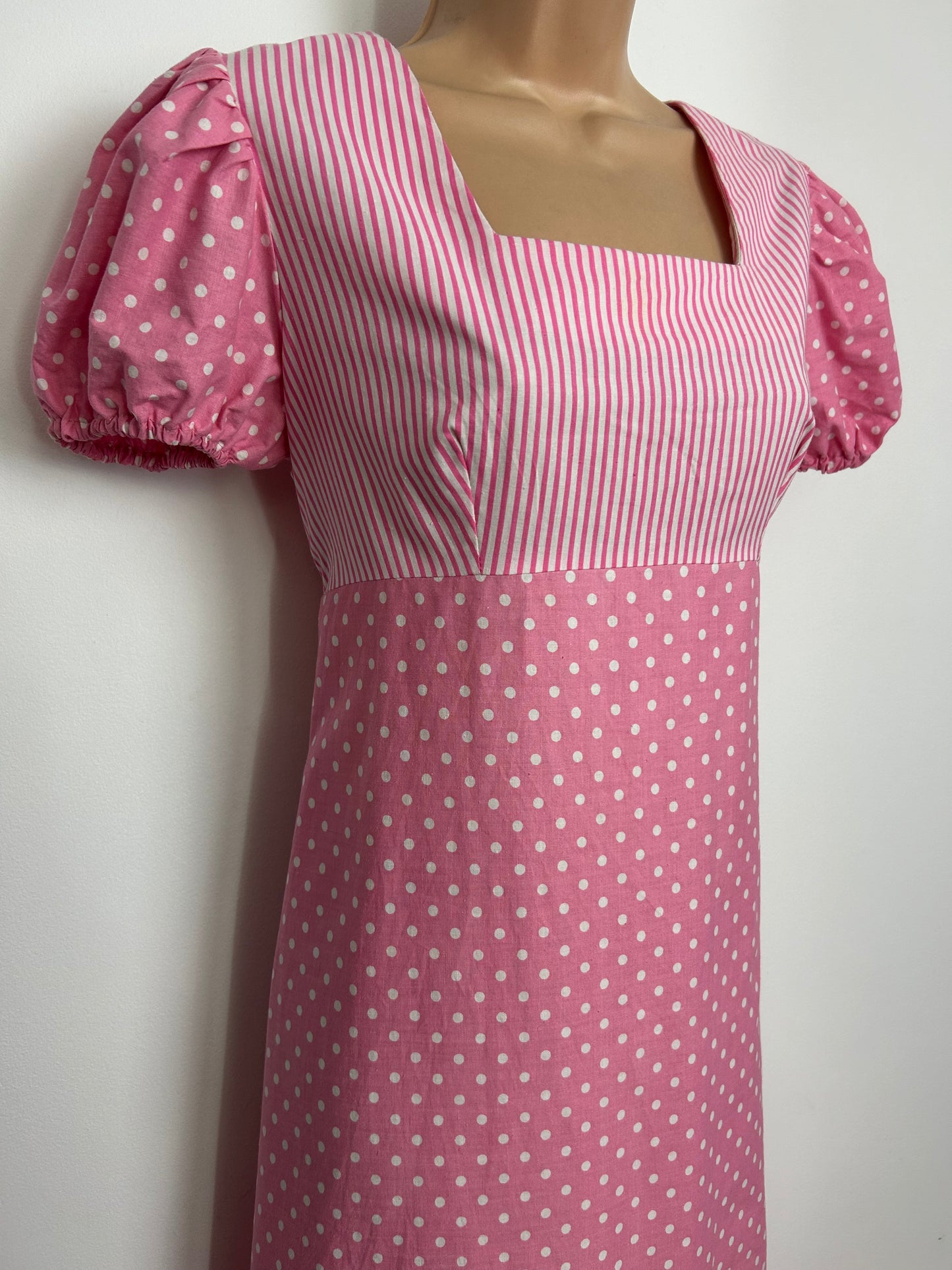Vintage 1970s Size 10 Pink & White Polka Dot & Stripe Print Cotton Prairie Maxi Dress