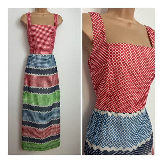 Vintage 1970s ROTER COUTURE Size 10 Red Blue Green & White Polka Dot Cotton Mix Summer Maxi Dress