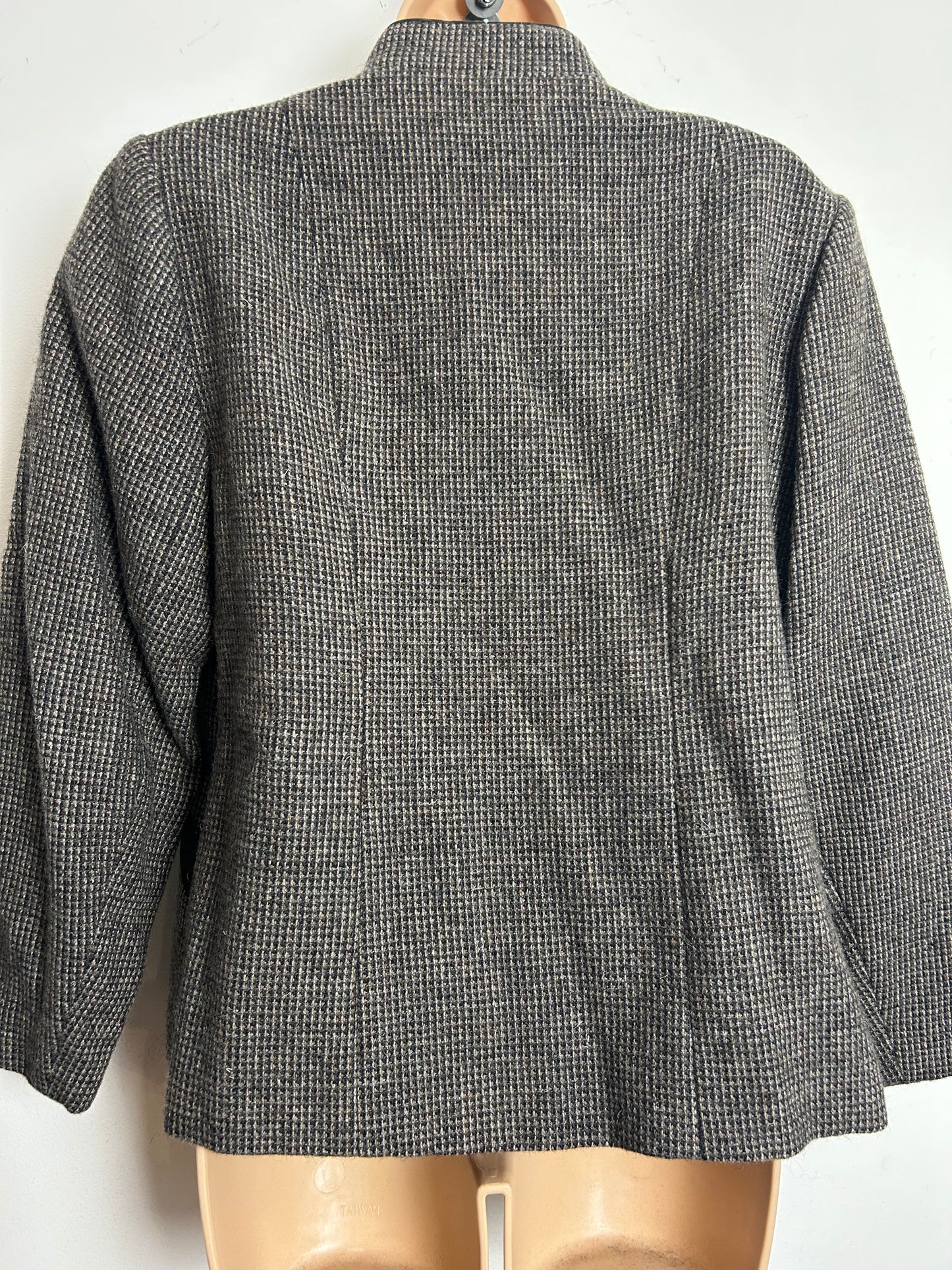 Vintage 1990s Italian Size 12 Dark Brown Tweed Wool Open Fronted Collarless Jacket Blazer