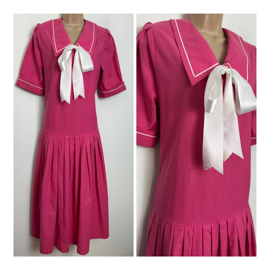 Vintage 1980s LAURA ASHLEY Size 14 Candy Pink Sailor Collar Dress Pleated Midi Dress