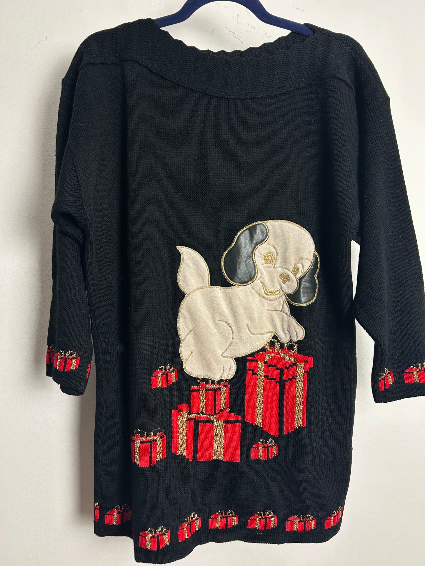Vintage 1980s One Size Up To Size 16/18 Black Dog & Christmas Present Applique Wool Mix Jumper