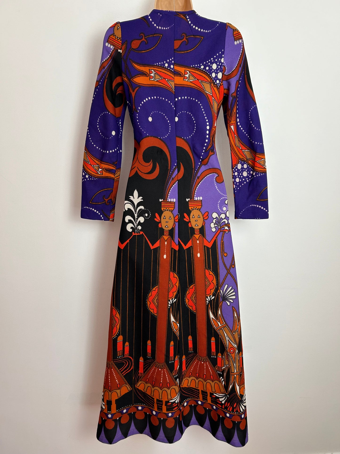 Vintage 1970s SHELANA UK Size 6 Purple & Rusty Orange Tribal Novelty Print Long Sleeve Maxi Dress