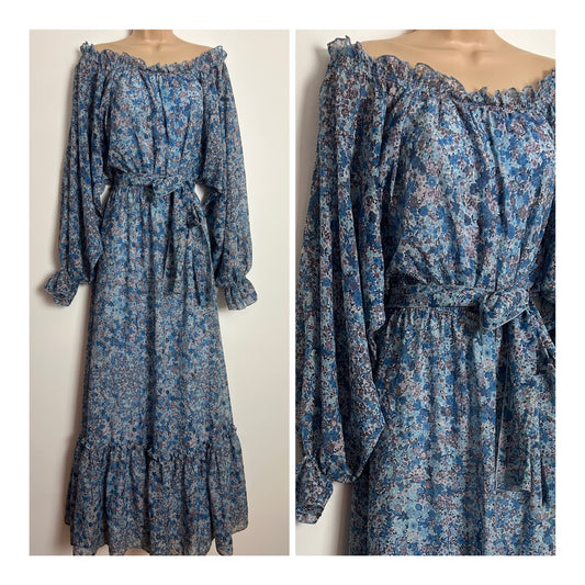 Vintage 1970s VERA MONT UK Size 10-12 Pretty Blue & Grey Tones Floral Print Long Balloon Sleeve Belted Boho Maxi Dress