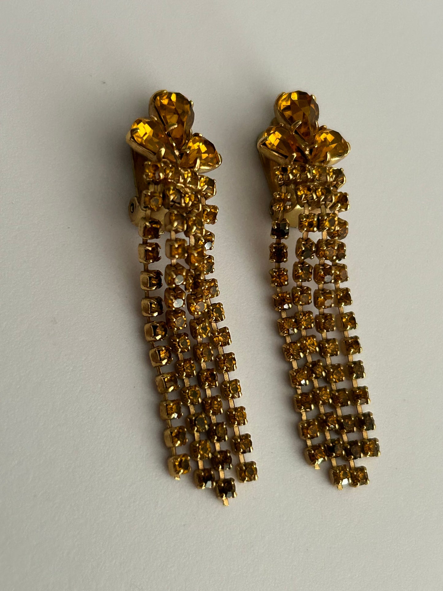 Vintage Gold Tone & Amber Colour Glass & Diamante Set Tassel Strand Clip On Dangle Earrings