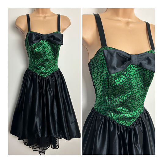 Vintage 1980s Size 8 Black & Green Disc Print Bow Detail Party Prom Dress