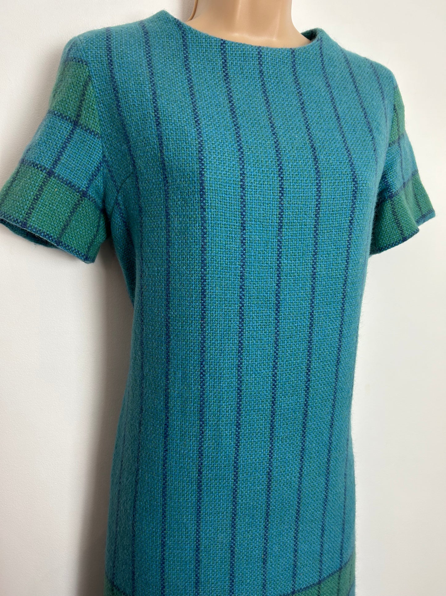 Vintage 1960s UK Size 10 Swedish JOHNSONS HEMSLOJD Blue & Green Stripe Check Pure New Wool Shift Dress