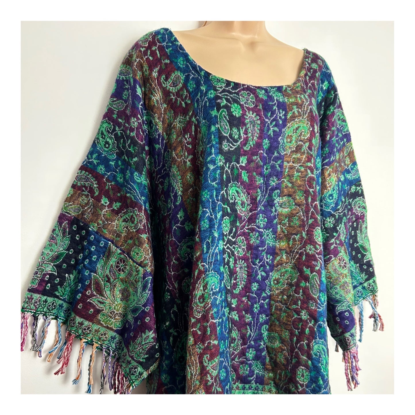 Vintage 80s 90s Gorgeous Indian Blue Green Red & Purple Floral Paisley Fringed Sleeve Poncho/Cape Style Top