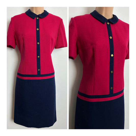 Vintage 1960s Size 10 Raspberry & Navy Blue Pure New Wool Rib Textured Mod Shift Dress