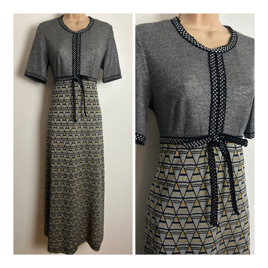 Vintage 1960s WINDSMOOR Size 10 Black Silver & Gold Lurex Geo Diamond Pattern Evening Maxi Dress