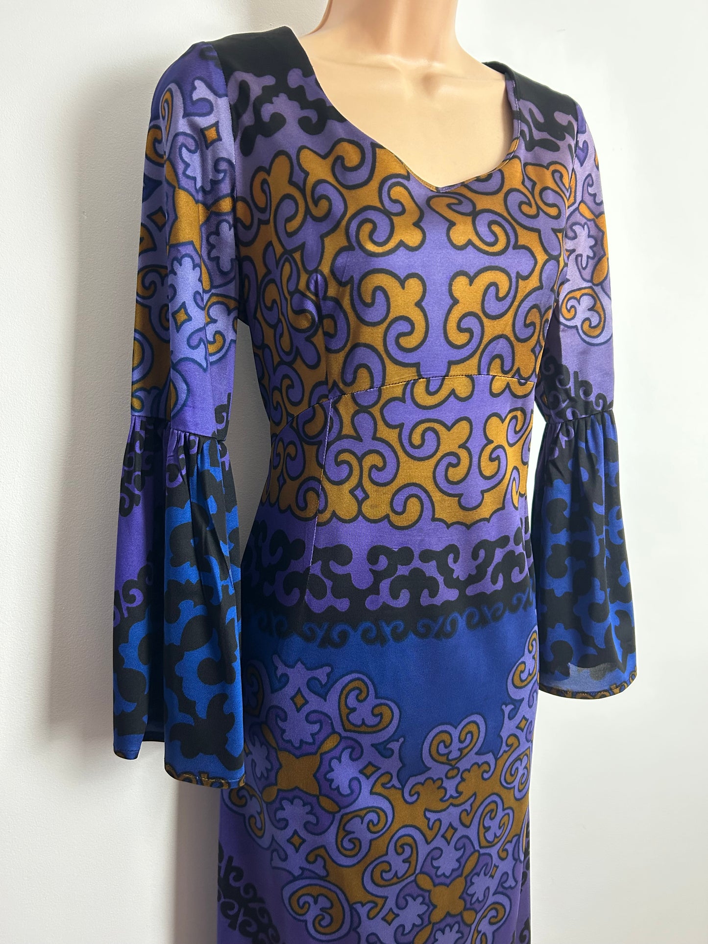 Vintage 1970s SIDGREENE OF LONDON Size 12 Mauve Blue & Dark Gold Abstract Long Sleeve Split Cuff Maxi Dress